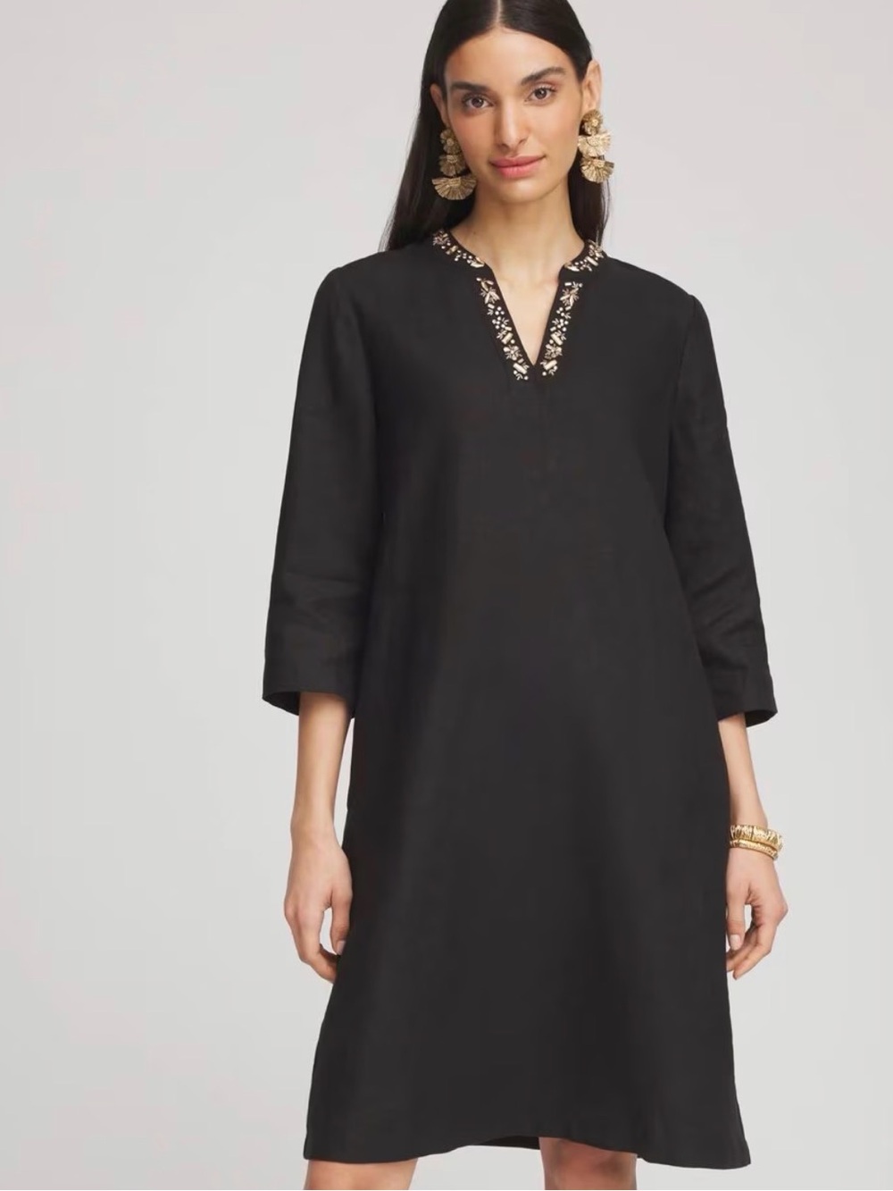Chicos Black Embellished V-Neck Women’s linen Kurta Dress size 8